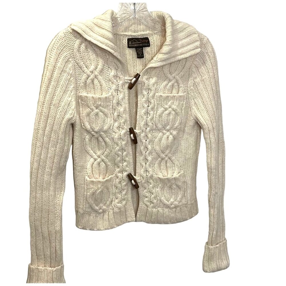 Vintage Abercrombie Y2K Women Wool Cable Knit Cardigan Size Medium Fisherman Ski